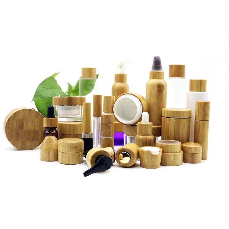 Frosted glass emulsion spray bottle Perfume bottles Skincare cream jar Mask Cosmetic packaging containers with wooden bamboo cap | Красота и