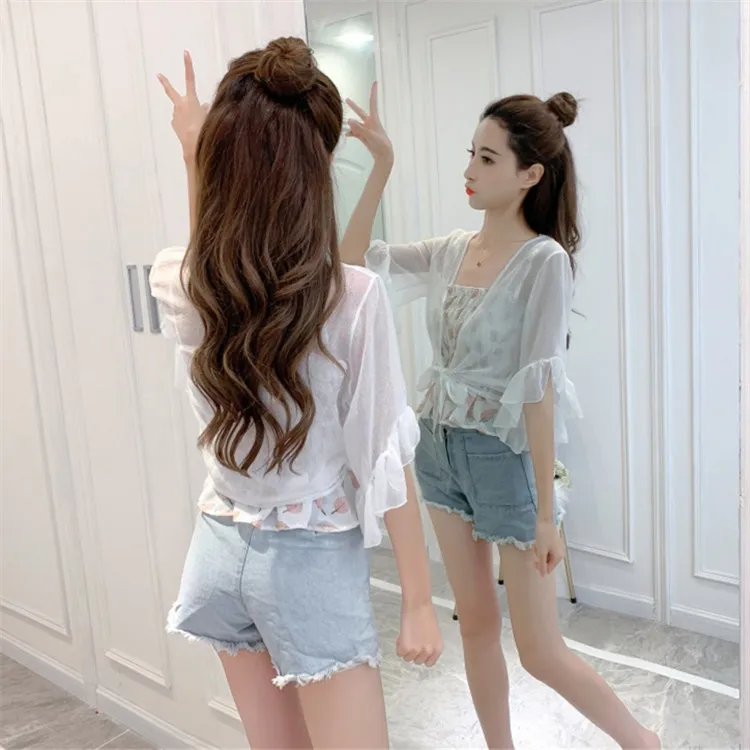 COIGARSAM Chiffon Shirt Womens tops Summer Spaghetti Strap Women shirts White Black 657 | Женская одежда