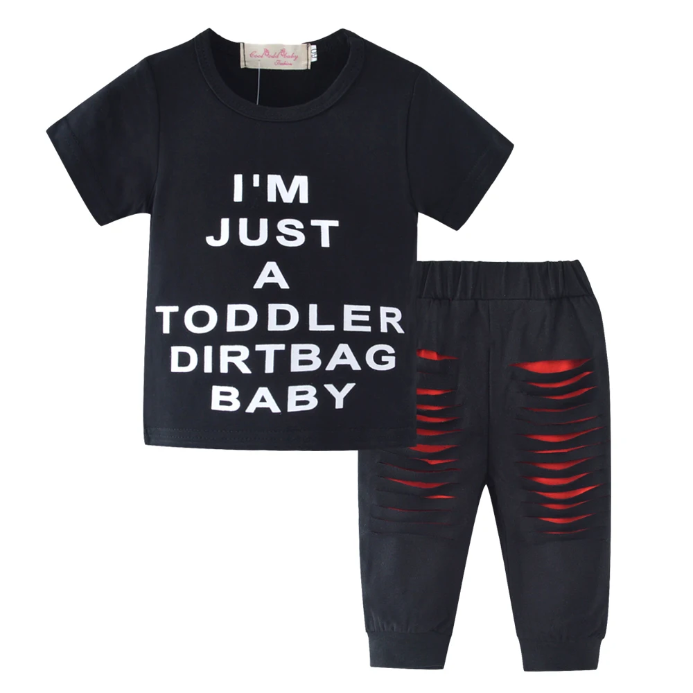 New 2020 Fashion Baby Boy Clothes Short Sleeve T-shirt+ripped Hole Pants Infant 2pcs Set Newborn Clothing Set Toddler Outfits