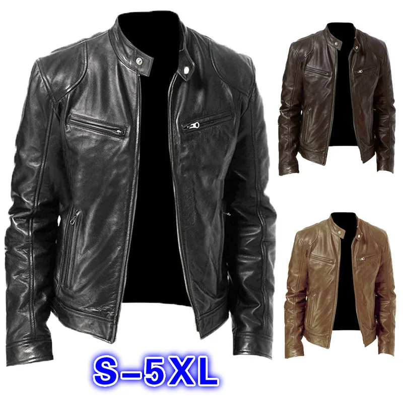 

Men Leather Jacket Winter Vintage Zipper Plus Size Motorcycle Jackets Fashion Stand Collar Pocket Solid Male Jacket Coat Outwear