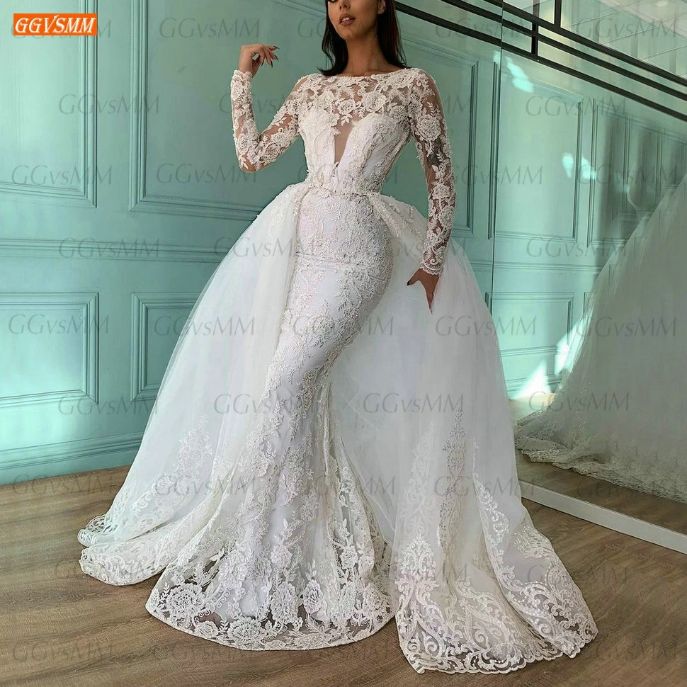 

Mermaid Wedding Gown Long Sleeves 2021 vestido de novia O Neck Slim fit Bridal Dresses For Women Detachable Train suknia slubna