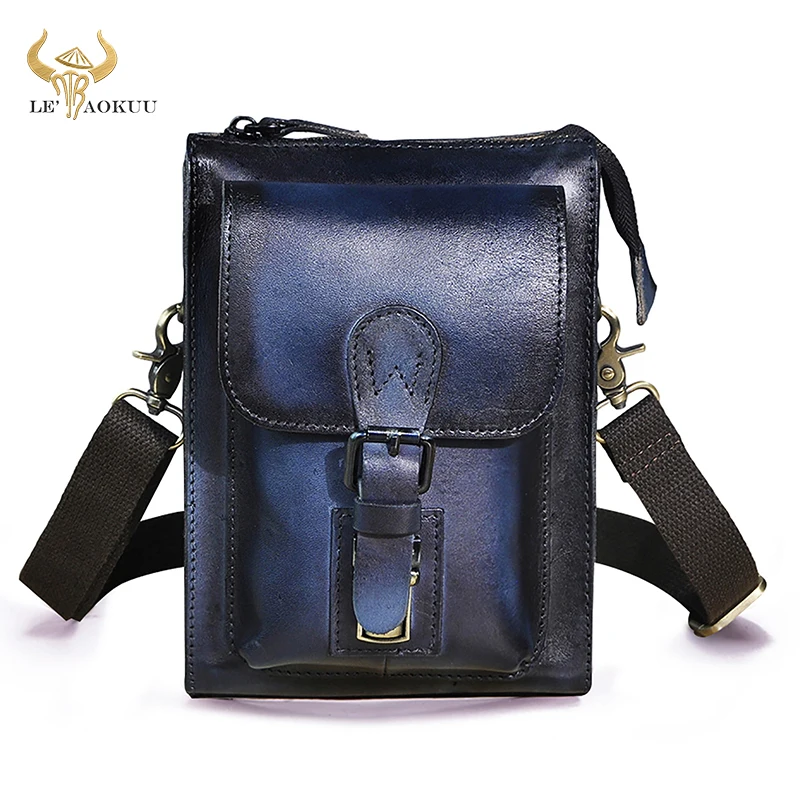 

Natural Leather Male Casual Antique Blue Design Messenger bag Multi-function Belt Fanny Waist bag Pack Summer Phone Pouch 6402