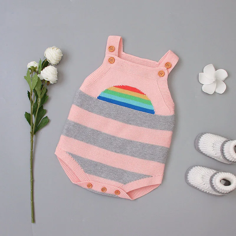 

Baby Girl Bodysuits Sleeveless Stripe Strap Vest Jumpsuit Cotton Infant Knitted Sweater Newborn Baby Girl Clothes Spring 2019