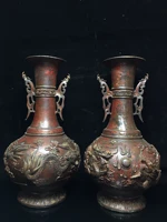 16tibet temple old bronze cinnabar lacquer two dragons play beads picture vase a pair long flower arrangement town house