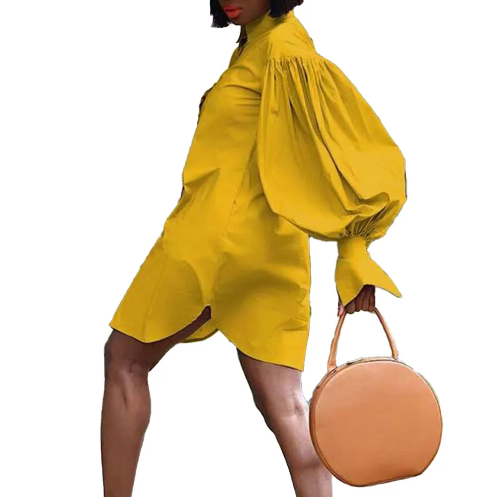 

2021 New Europe America Autumn Lantern Sleeve Solid Color Retro Fashion Temperament Commute Loose African Dress Women's