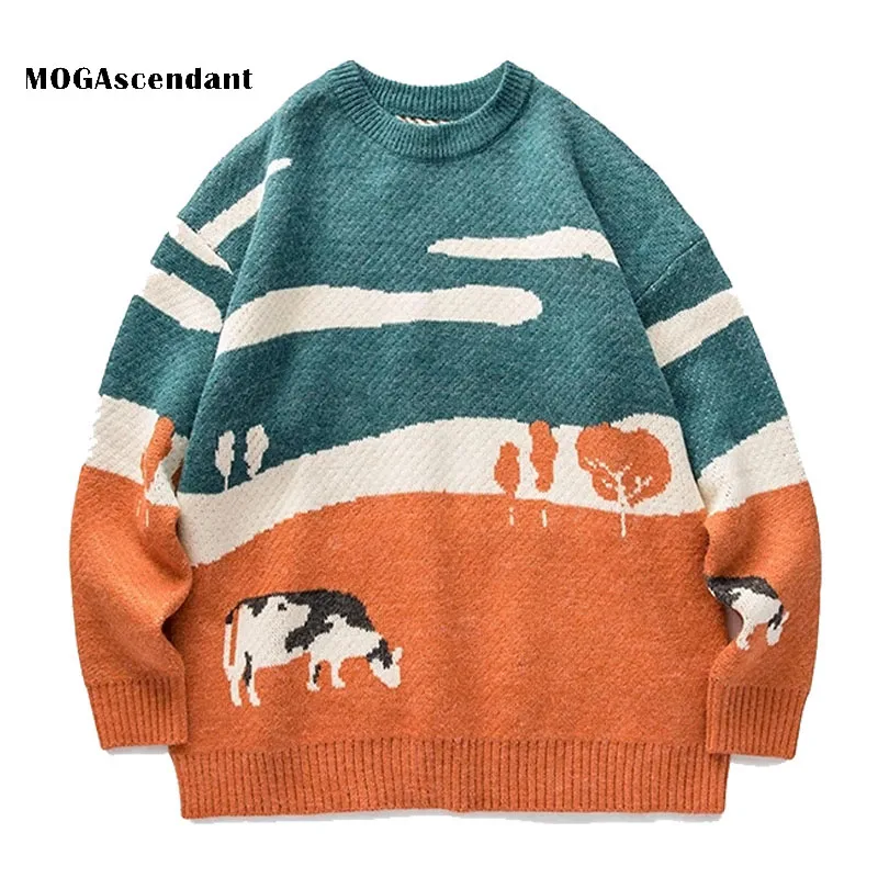 

Cows Sweater Men's Hip Hop Oversize Streetwear Sweaters Vintage Pullover Women 2021 Japanese Harajuku Tops Spring Pullover