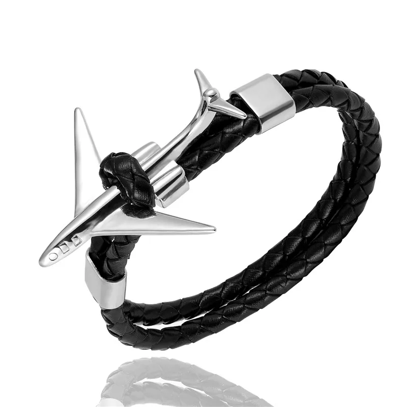 Silver Black MKENDN, модный ретро кожаный браслет, нержавеющая сталь, самолет, якорь, браслеты для мужчин и женщин, Летний стиль, обёрточная бумага, металлический спортивный крючок - Metal Color: Silver Black