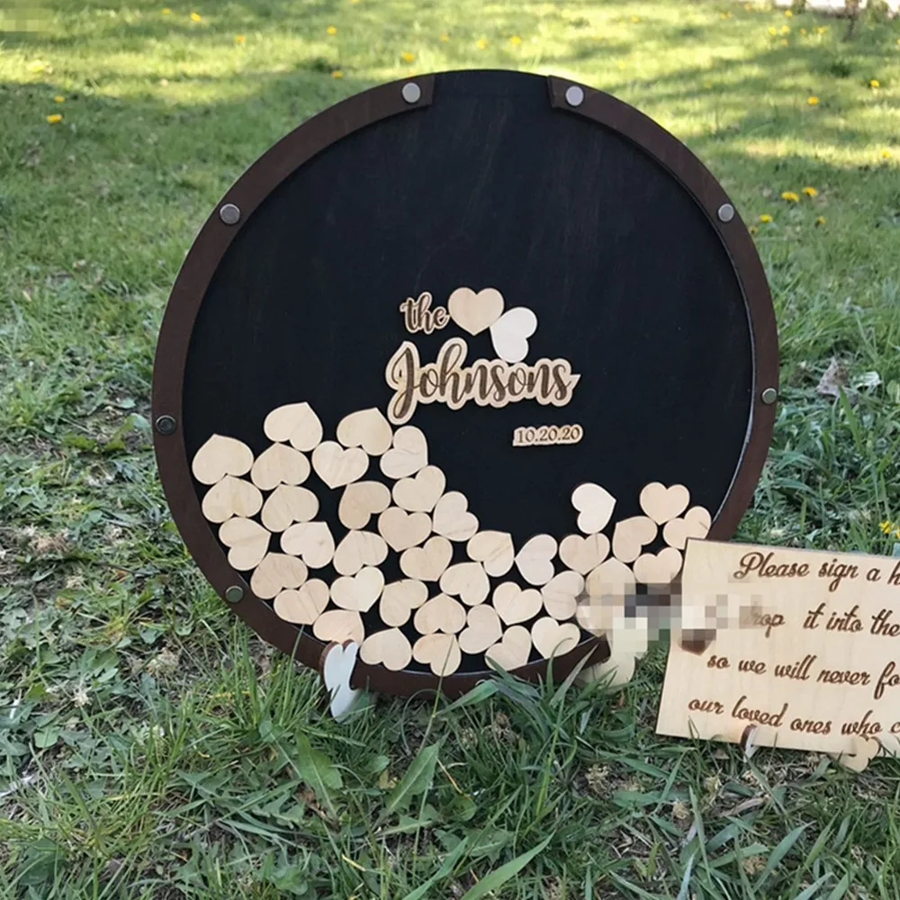 Personalize Modern wood Round Hearts Wedding Guest Book Baby shower Engagement Bridal Drop Top Wishing Box Guestbook | Дом и сад
