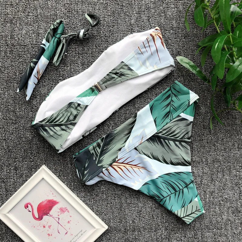

IMANFive Sexy Biquini Leaf Print Bikini 2019 Hot Sale Padded Backless Strapless Bikinis High Waist Swimsuit Swimwear Women L
