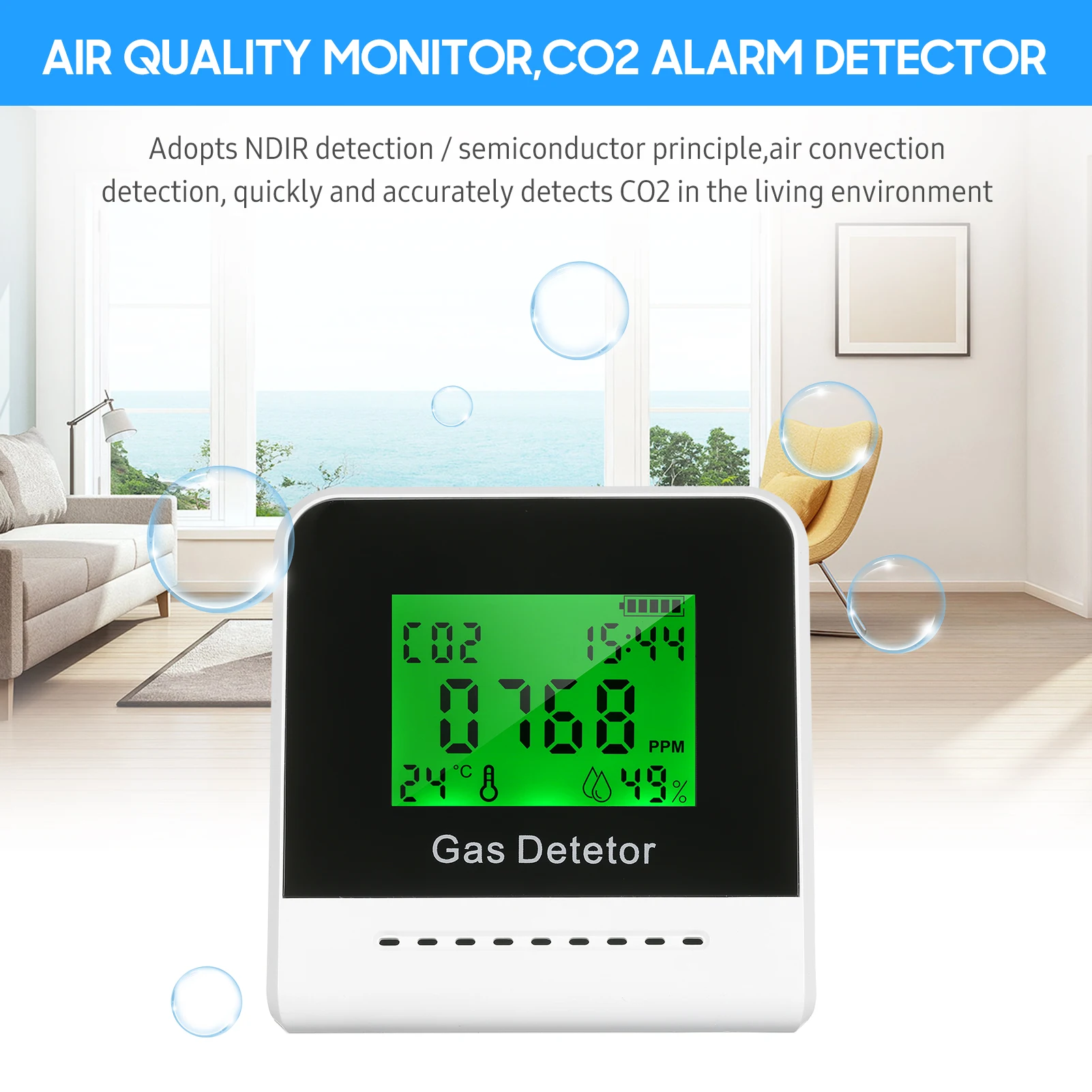 

Монитор качества воздуха, детектор CO2 сигнализации с ЖК-дисплеем, внутренний тестер температуры и влажности углекислого газа, 1000 мАч, переза...