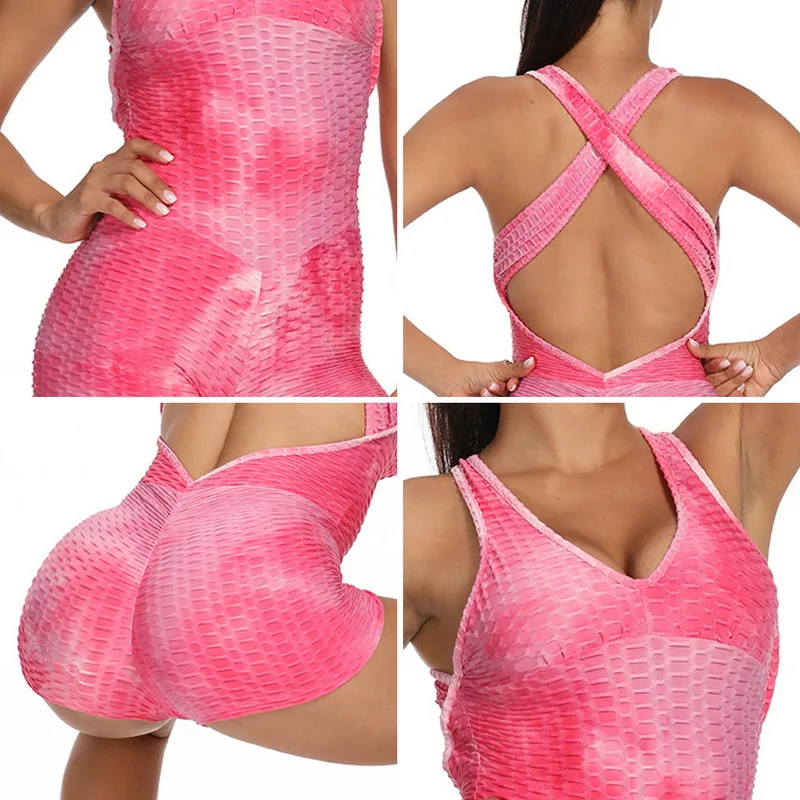 

2020 Tie Dye Yoga Set Women Gym Sport Playsuit Clothing Exercise Top Jumpsuit Running Workout Sportswear Backless Shorts