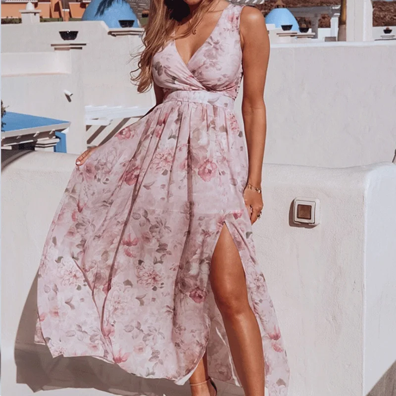 

Maxi Dress Sexy Women Deep V-veck Split Dress Summer Floral Print Long Dresses Boho Sleeveless Beach Dresses Vestido Floral