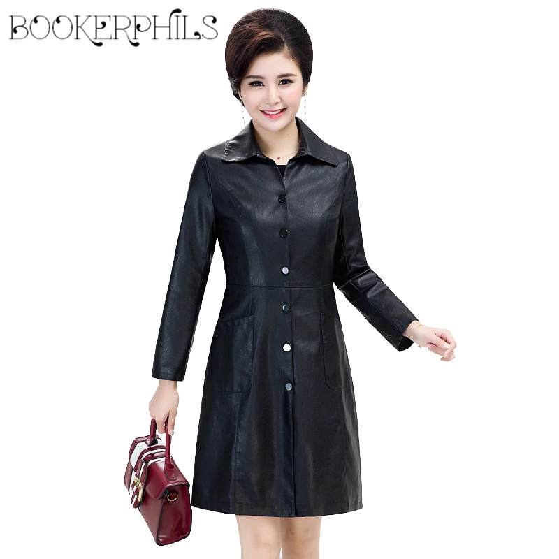 Женское однобортное пальто из искусственной кожи черный длинный тренчкот