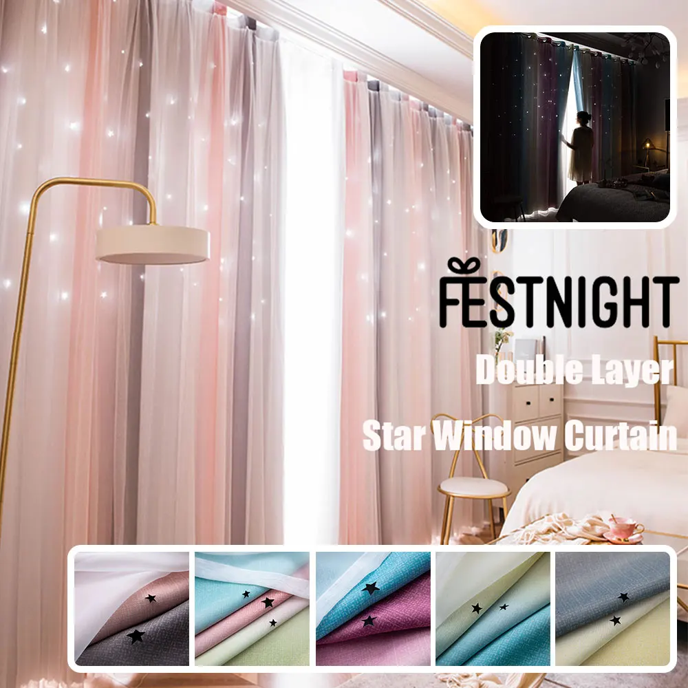 Window Curtains Double-Layer Yarn Tulle cortina Overlay Hollow-Out Stars Drapes Fairy Living Room Bedroom D20 | Дом и сад