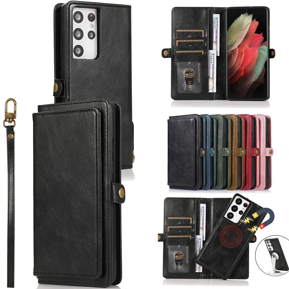 

Wallet Case For Samsung S20 S21 Ultra Plus Detachable Retro Leather Magnetic Flip Cover Case for Samsung A52 A72 A32 A42 A51 A71
