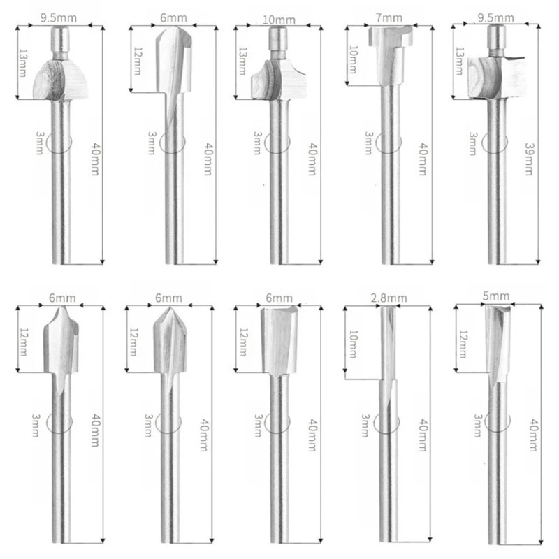 

10x Professional Trimming Milling Cutter 1/8"(3mm) Shank Router Engraving Bit Rotary Tools for Grooving DIY Woodworking