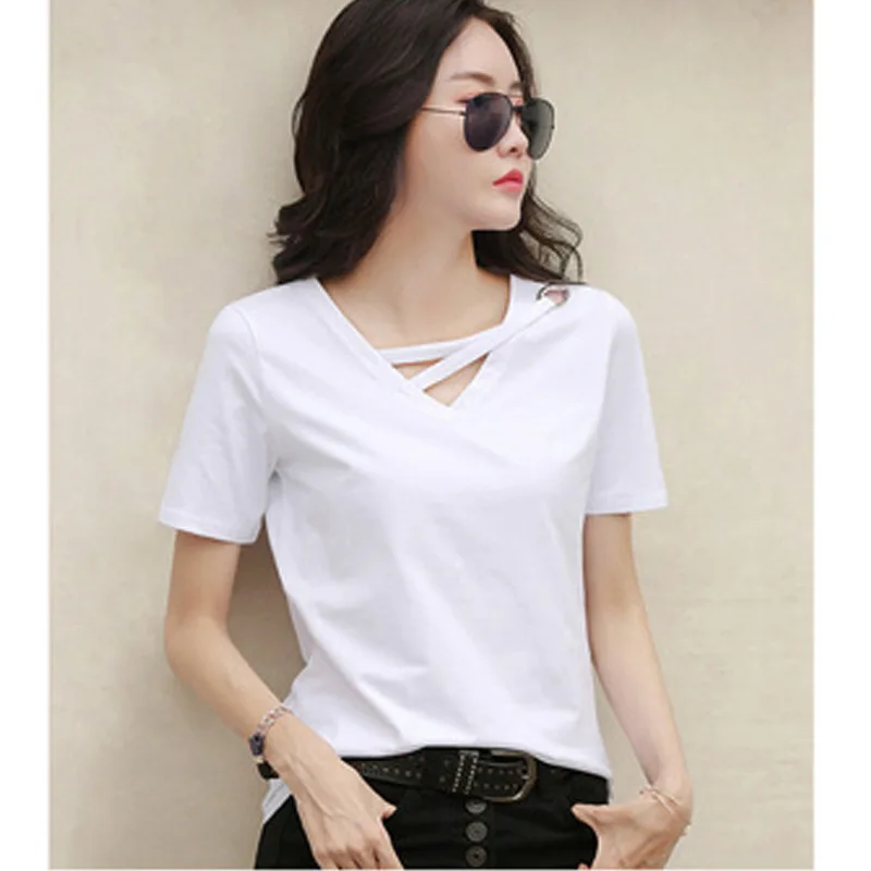 Vrouwen Wit T-shirt Vrouwen V-hals Losse Koreaanse Black Top Casual Compassionate Trend T-shirt Vrouwen