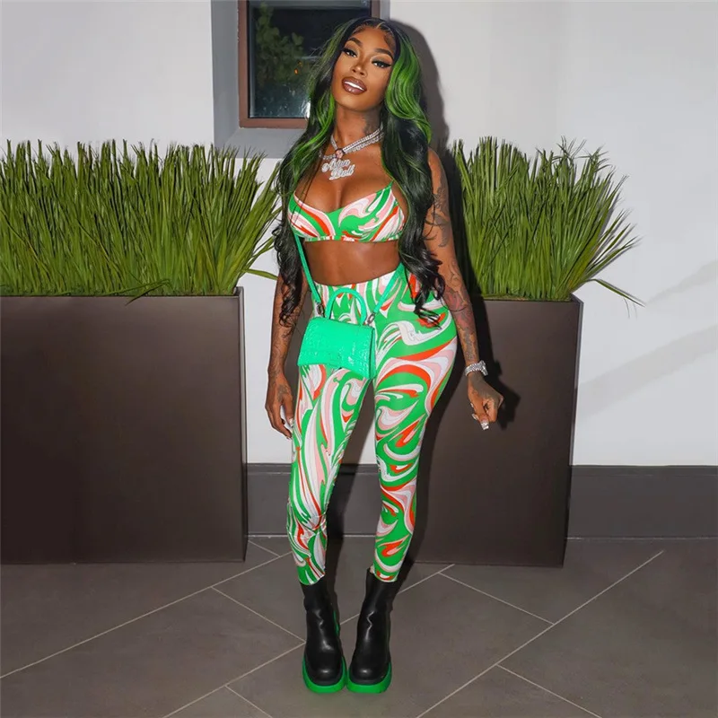 

Y2K Print Two Piece Set Women Hipster Tanks Bra+Pencil Pants Matching Suit Female Skiny Slim Cool Streetwear Party Outfits