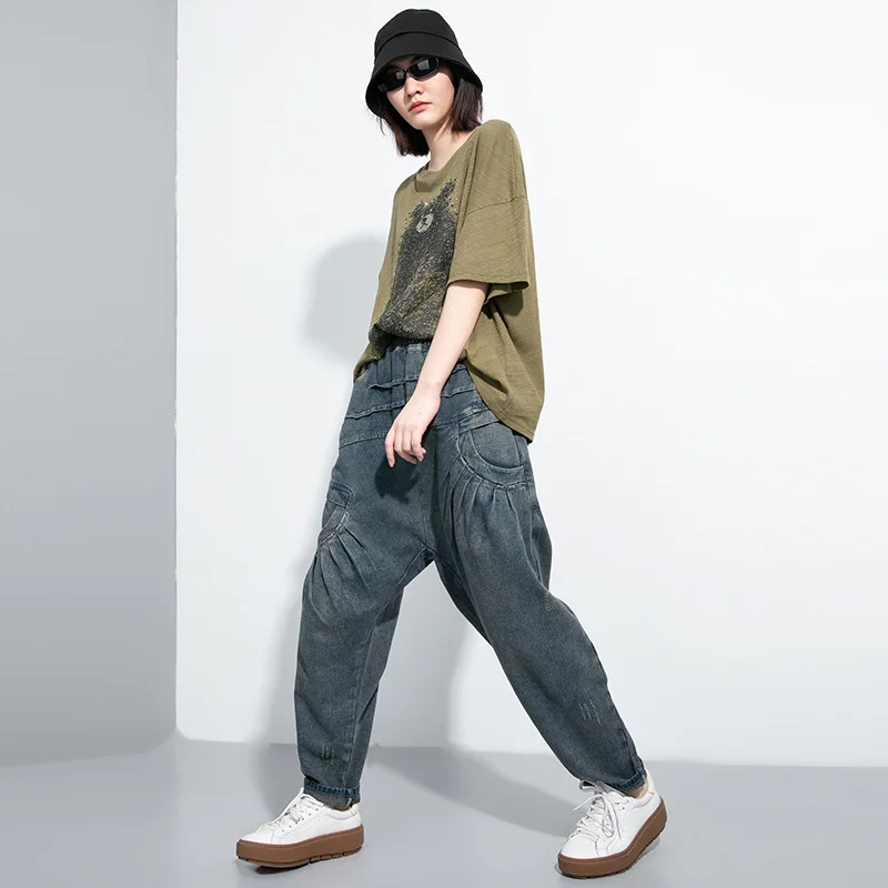 

SuperAen 2021 Summer New Jeans Elastic Waist Wash Jeans Boyfriend Style Streetwear Wide Leg Pants