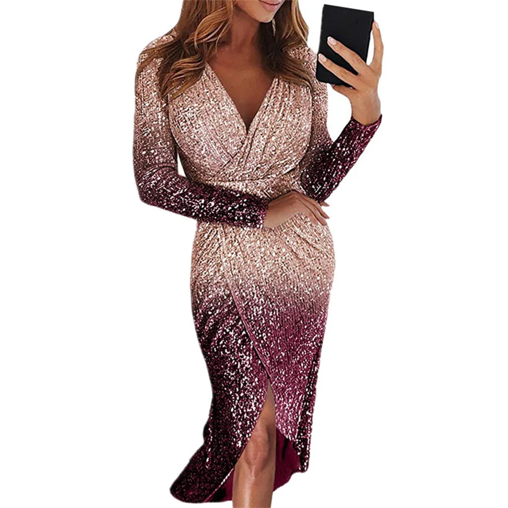 

Women Sexy Irregular Evening with Long Sleeves and Color-Changing Sequins Fishtail Dress