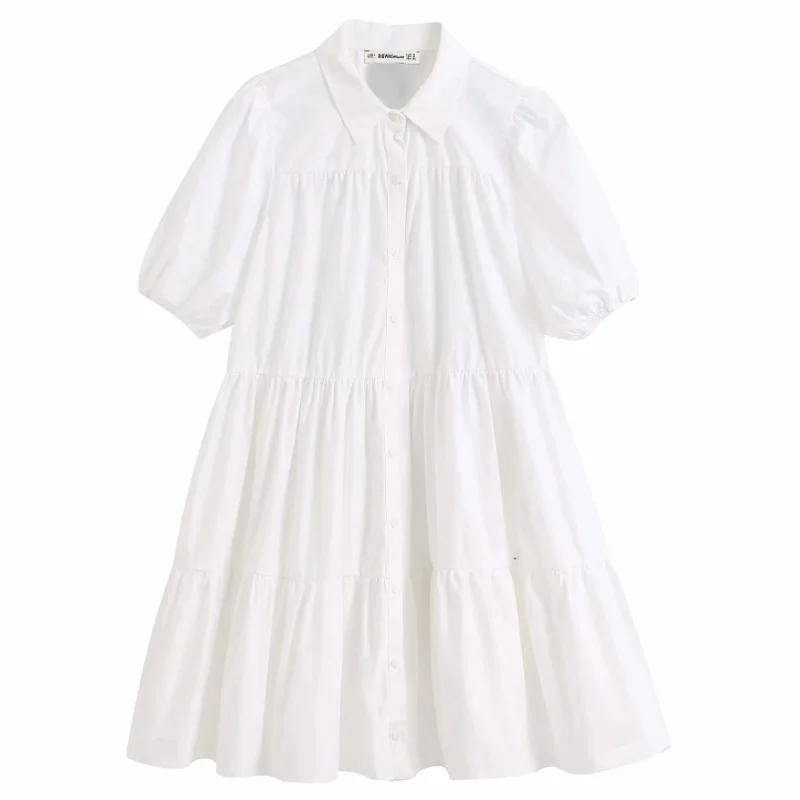 

women simply solid color casual white shirtdress office lady puff sleeve pleats vestidos chic leisure big swing dresses