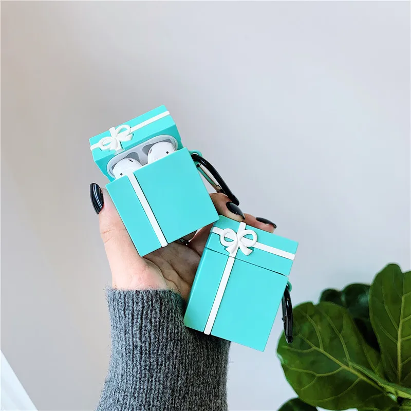 

Cute Gift box Blue Bow Gift Box Packaging Headphone Cases For Apple Airpods 1/2 Silicone Protection Earphone Cover Accessories
