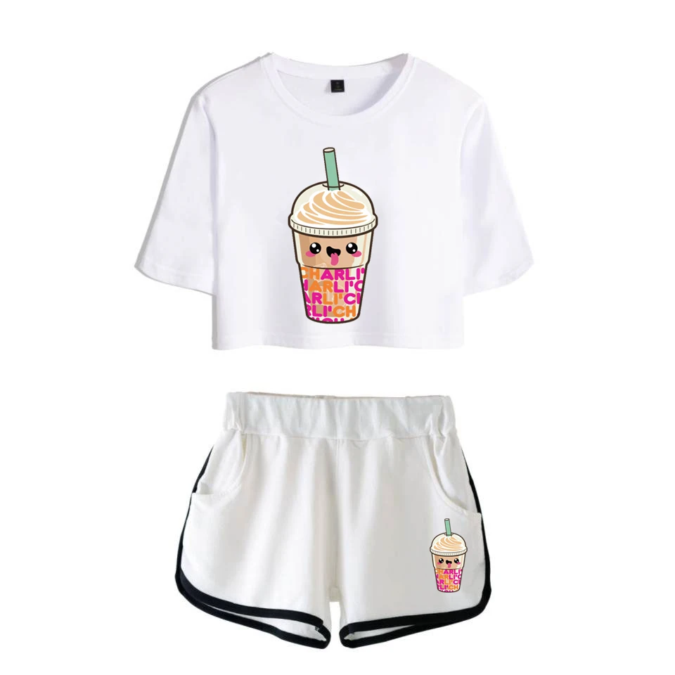 

Hot Sale Charli DAmelio Ice Coffee Splatter Women Two Piece Set Sexy Cute Shorts+T-shirt Short Sleeve Kpop Sport suit Summer