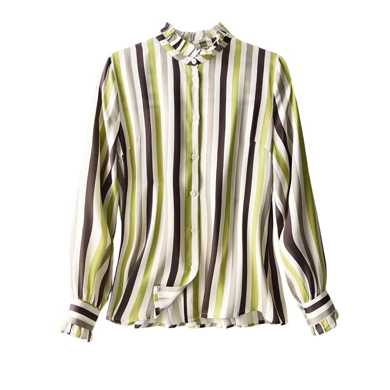 

SHUCHAN Tops Mujer 98% Natural Silk STAND Collar Long Sleeve Shirt Women Back To The Basics High Quality French Striped