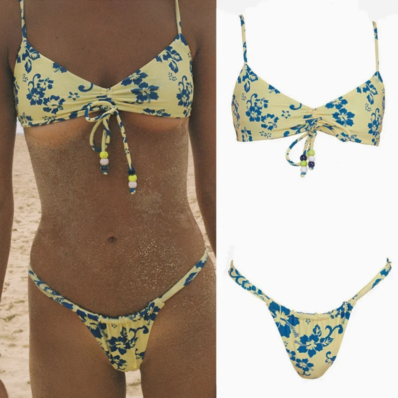 

Sexy Bikini Floral Print Swimwear String Bikini Set Push Up Swimsuit 2021 Bikinis Women Biquini Beach Bathing Suit Women