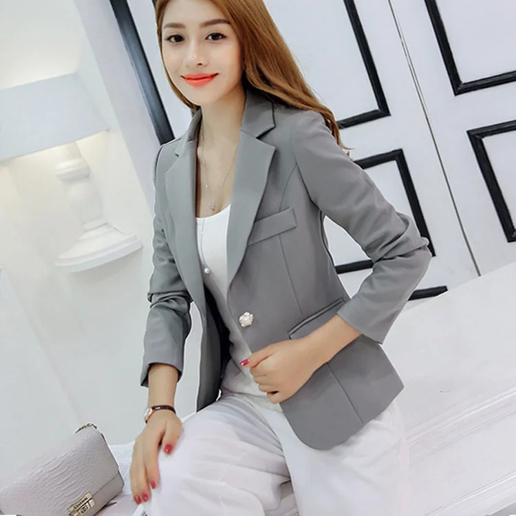 

2020 Women's Blazer Gray Long Sleeve Blazers Solid One Button Coat Slim Office Lady Jacket Female Tops Suit Blazer Femme Jackets