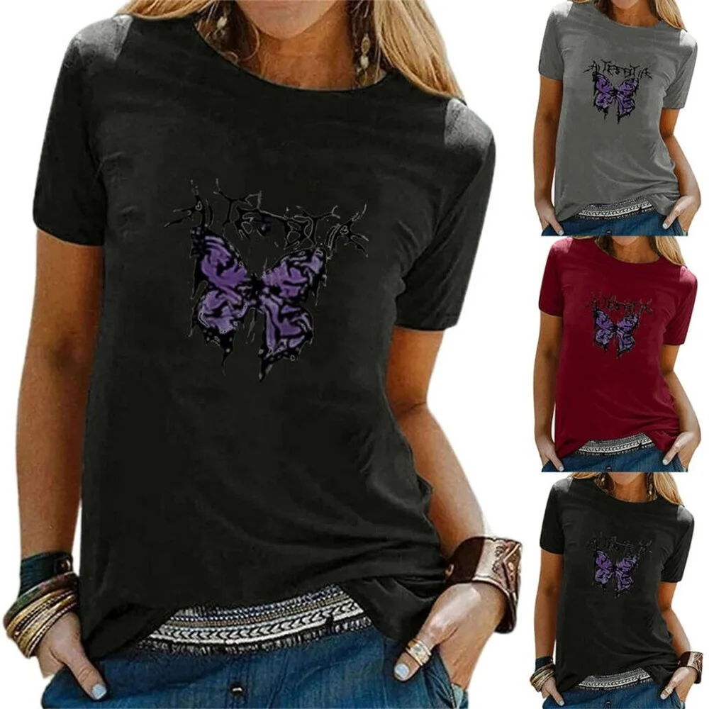 

Ladies Casual Blue Butterfly Print T-Shirt Comfort Crew Neck Short Sleeve Tops
