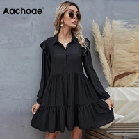 aachoae summer autumn women black dress ruffles long sleeve elegant shirt dress loose casual pleated mini dress sundress robe