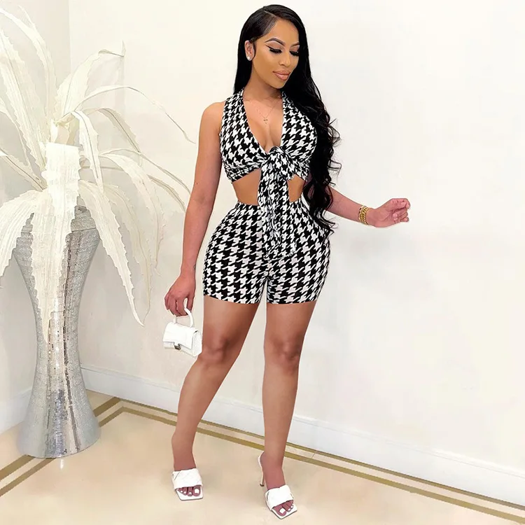 Women Two 2 Piece Sets Set Houndstooth Print Sleeveless Bandage Crop Tops and Strechy Shorts
