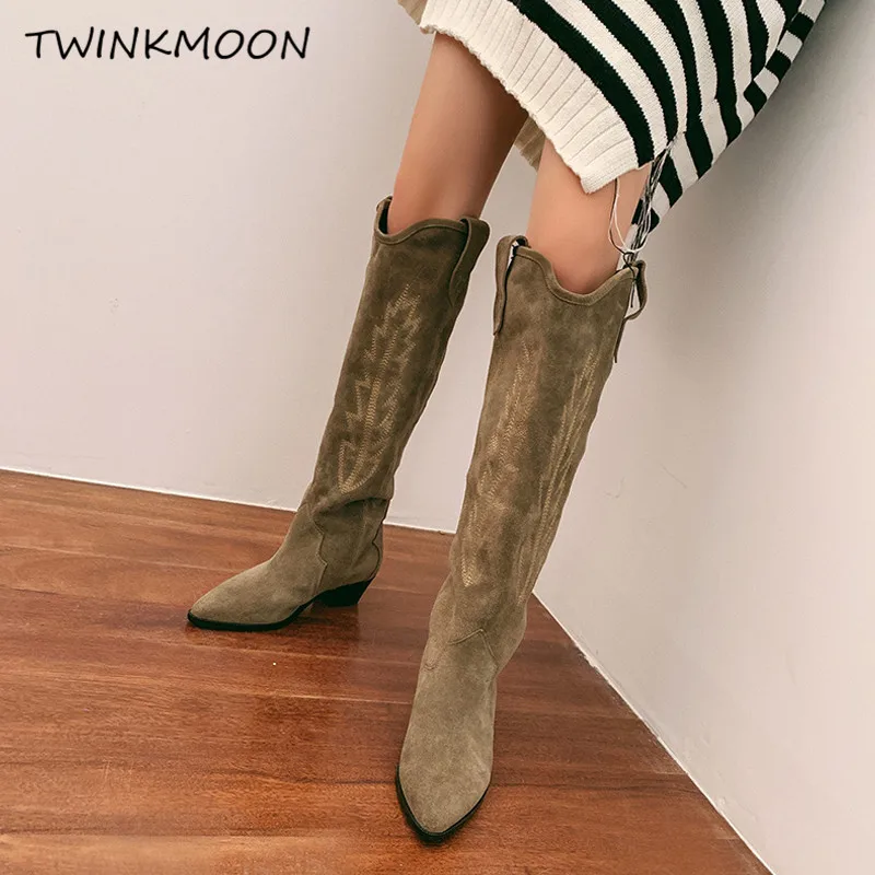 Замшевые женские высокие сапоги до колена с вышивкой осенне-зимняя обувь на