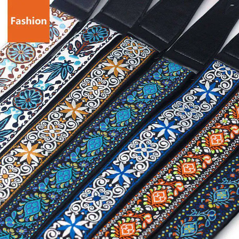vintage blumen gitarre ukulele gurt akustische elektrische gitarre strap woven stickerei stoffe leder enden strap free global shipping