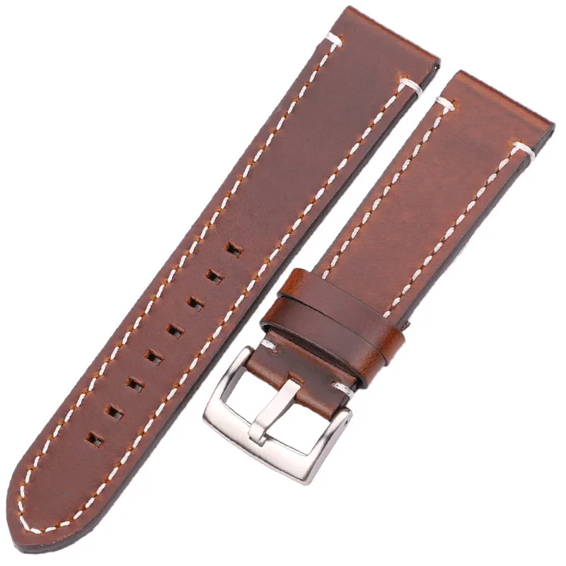 Dark brown silver Ремешки для наручных часов, ремешок из натуральной кожи, 7 цветов, женские и мужские часы из воловьей кожи, ремешок 18 мм, 20 мм, 22 мм, 24 мм, аксессуары для часов - Цвет ремешка: Dark brown silver