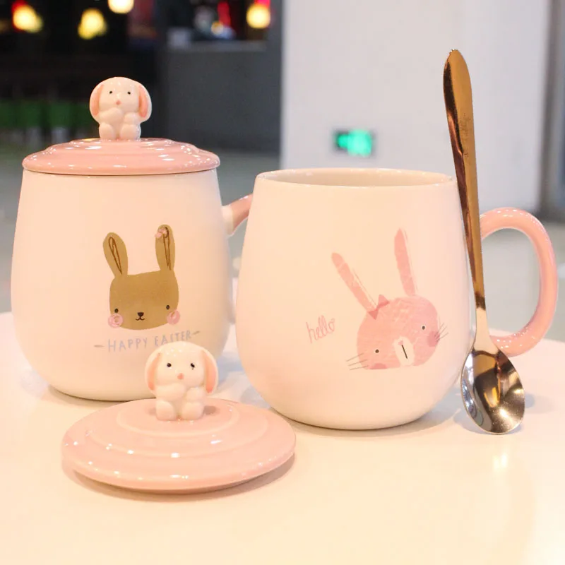 

Cute Ceramic Coffee Mug with Lid Spoon Cartoon Personalised Juice Coffee Cup Large Capacity Couple Mug Girl Gift Drinkware DA60M