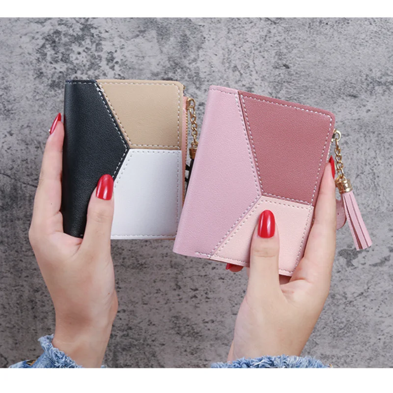 

Mini PU Leather Wallet Women Short Tassel Wallets Zipper Purse Patchwork Fashion Panelled Wallets Trendy Coin Purse Card Holder