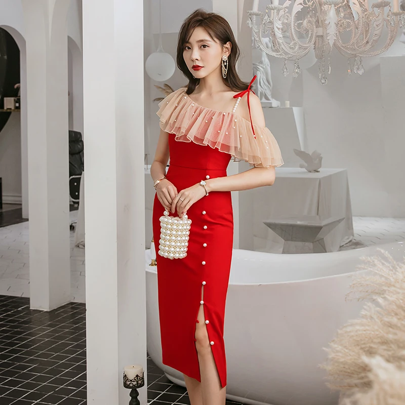 YIGELILA Autumn Red Long Dress Spaghetti Strap Backless Sexy Dress Button Short Sleeves Patchwork Mid-calf Dress 65222