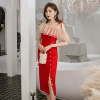 yigelila autumn red long dress spaghetti strap backless sexy dress button short sleeves patchwork mid calf dress 65222