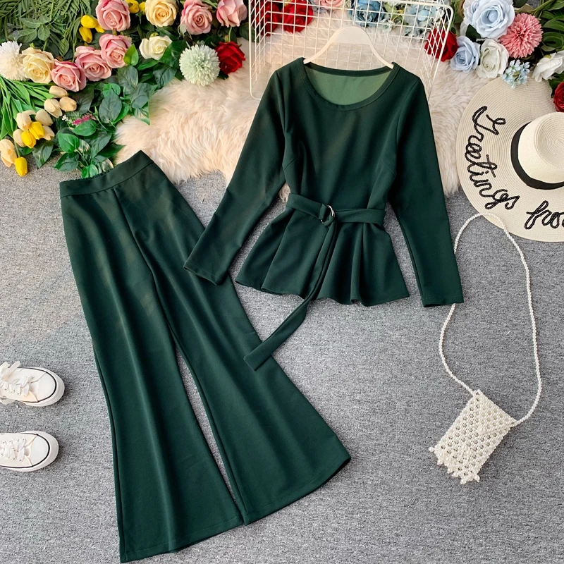 Зеленый ALPHALMODA модный костюм с длинными рукавами пуловер пояс-кушак наряд+ расклешенные ноги дамы 2 шт брюки костюмы сплошной осенний комплект одежды - Цвет: Зеленый