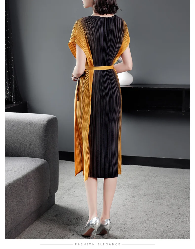 

COIGARSAM 3XL Plus Size Women dress New Summer Pleated Dresses Rose Dark Grey Peacock Blue Black And Yellow 9323