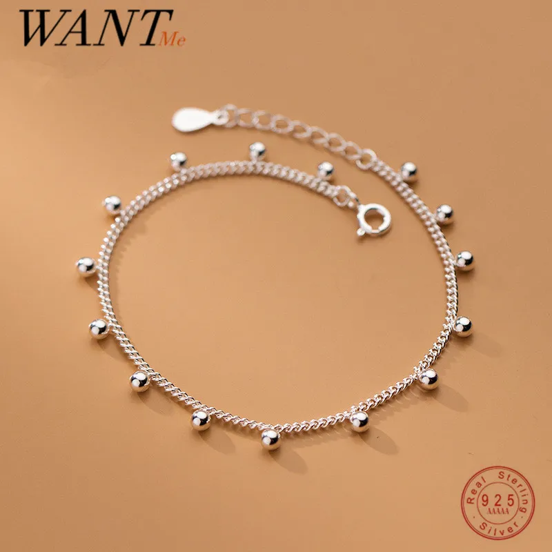 

WANTME 925 Sterling Silver Minimalist Glossy Bead Link Chain Charm Bracelet&Anklet for Women Fashion Korean Jewelry Accessories