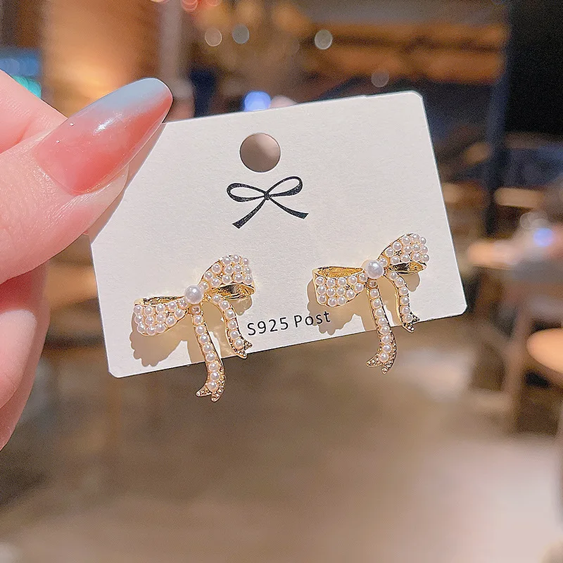 

2021 New Fashion Design Simple Bow Earrings Metal Women Pearl Drop for Jewelry Wholesale
