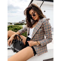 jacket double metal breasted suit small button long autumn plaid sleeve jacket fashion suit casual ladies temperament plaid jac