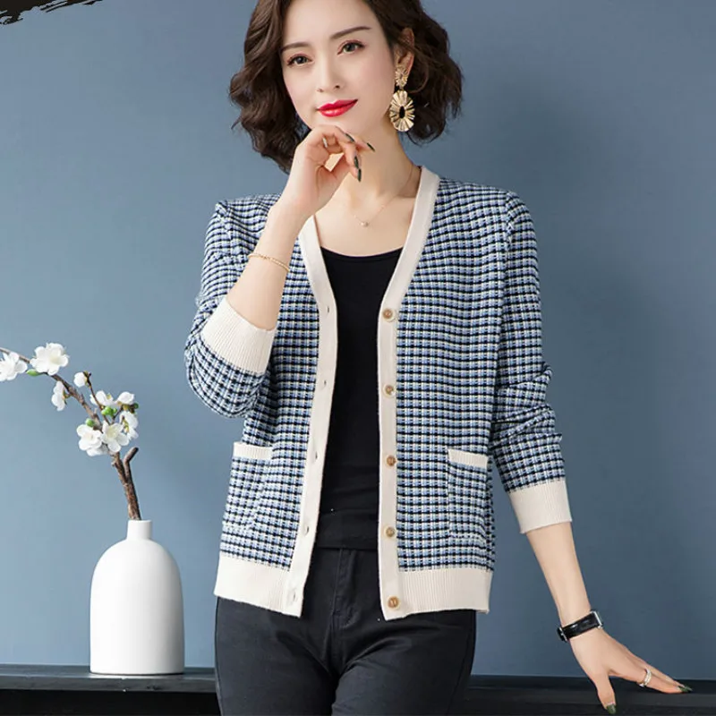 Женский вязаный кардиган в клетку повседневный свободный трикотажный свитер с