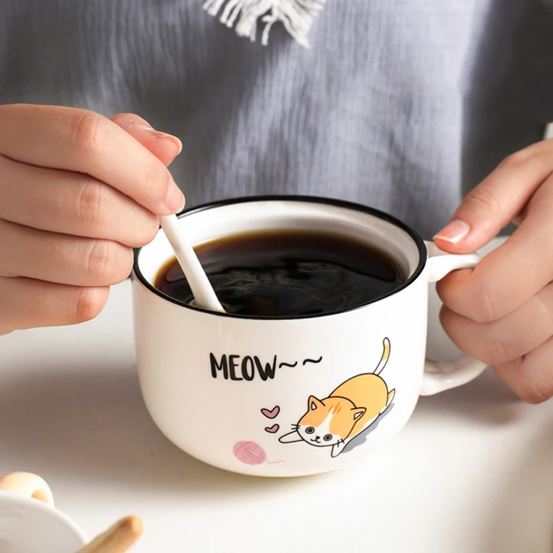 

Kawaii Cartoon Ceramic Mug With Lid And Spoon Creative Cute Large Capacity Household Instant Noodle Bowl Tableware Coffee Cup