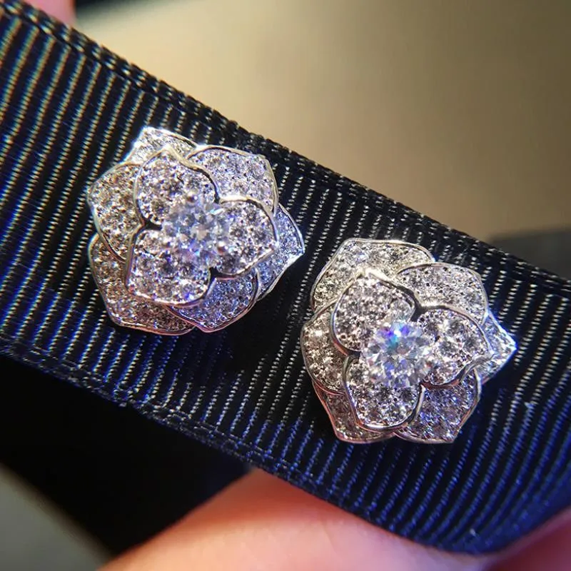 

Top Quality Cute Exquisite CZ Zirconia Rose Flower Silver Earrings Studs For Women Wedding Accessories Jeweelry