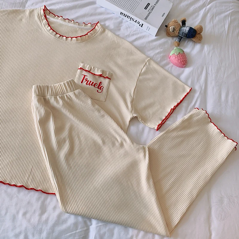 

Apricot Pajamas Women's Summer Loose Modal Short Sleeve Trousers Suit Korean Thin Spring and Autumn Homewear Can Be Worn outside