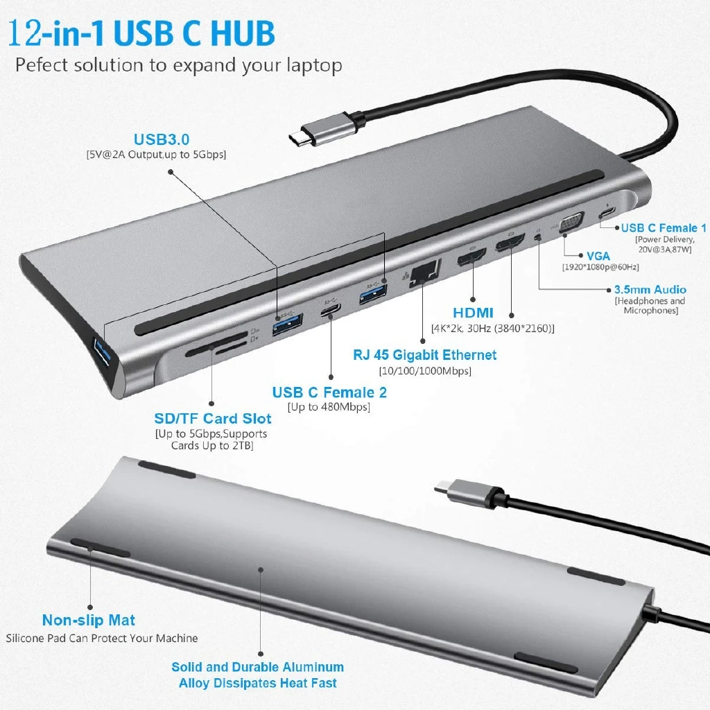 Док-станция 12 в 1 с портами USB Type-c и поддержкой TF/SD-карт | Компьютеры офис